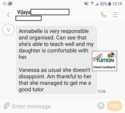 Review from Vijaya: Vanessa as usual she doesn't disappoint. Am thankful to her that she managed to get me a good tutor.